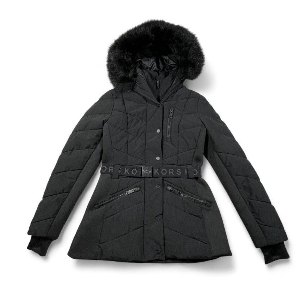 Michael Kors MK Black Puffer Coat Faux Fur Hood Belted Size S NWOT